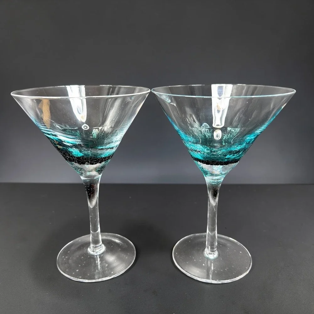 Pier 1 Teal Blue Crackle‎ Glass Martini Glasses Cocktail Stemware Cups Set of 2
